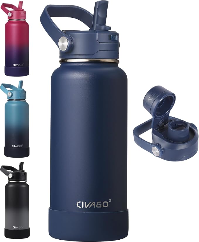 CIVAGO 32 oz Insulated Stainless Steel Water Bottle with Removable Straw | Large Leakproof Metal Water Jug, Sports Thermal Flask Cup with Bucket Handle, Silicone Boot, Dishwasher Safe, BPA-Free, Navy