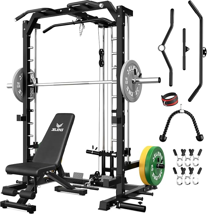 SR01 Smith Machine, 2000LBS Multi-Function Power Cage with LAT Pulldown System, All-in-One Home Gym Squat Rack with Smith Bar and Training Attachments for Full Body Workouts