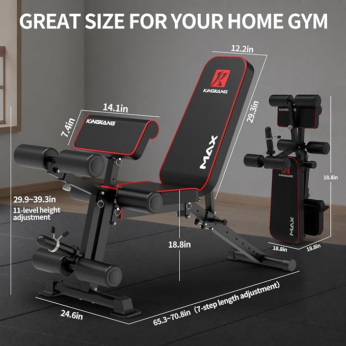 K KiNGKANG Foldable Weight Bench with Leg Curl, 1200 LBS Heavy Duty Workout Bench, 4-Level Adjustable Distance for All Heights, Multi-Position Incline Decline Exercise Bench with Dumbbell Rack for Home Gym