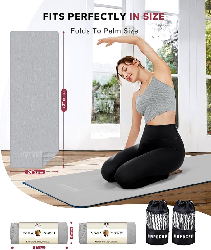 HAPBEAR 2 Pack Non Slip Yoga Mat Towel with Grip Dots, 72" x 24" Hot Yoga Towel - Super Absorbent Microfiber Yoga Towel for Hot Yoga, Bikram, Pilates and Gym Workout - Grey