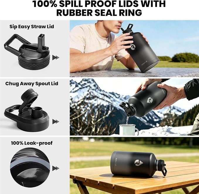RAYMYLO One Gallon Water Bottle Insulated, Triple Walled Vacuum Stainless Steel (Cold for 48 Hrs), Leak Proof & Non-BPA, Large Water Flask Jug with Paracord Handle & Straw Spout Lids