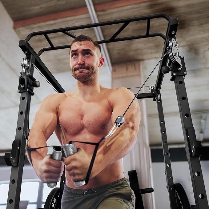 RitFit PPC-P3 Power Cage with Cable Crossover System, 1200LB Capacity | LAT Pulldown & Cable Crossover System with Bumper Plate Set, Olympic Barbell, Bench