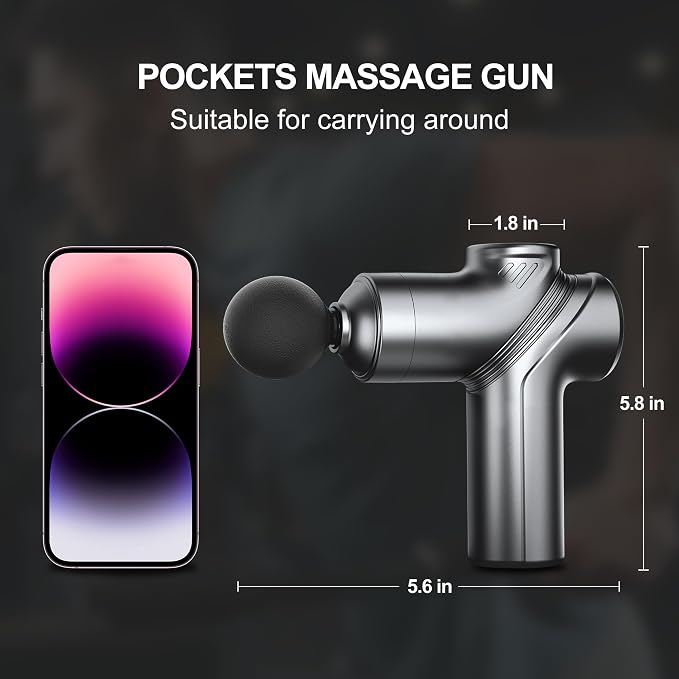 LEERCON Massage Gun Deep Tissue Mini Muscle Massager for Pain Relief, Grey | Small Portable Handheld Massager Gun, Back and Neck Massager for Pain Relief, 6 Speed & 4 Heads, Birthday Gifts for Men Dad