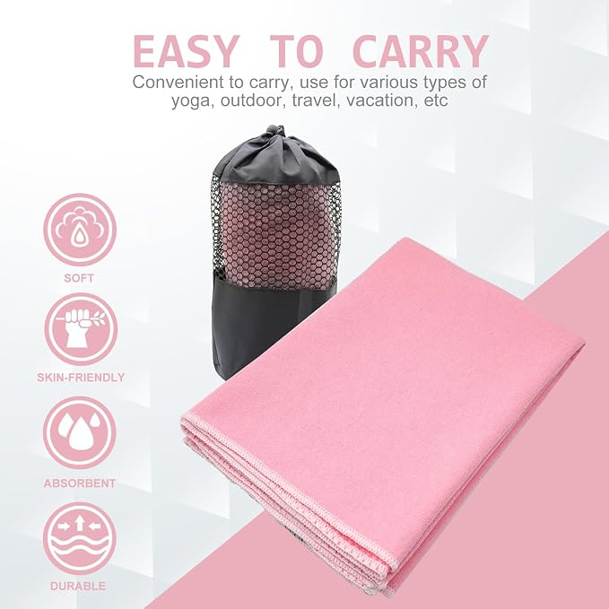 Eunzel Hot Yoga Towel - Microfiber Non Slip Yoga Mat Towel with Grip Dot Sweat Absorbent Towel for Hot Yoga, Pilates and Fitness 72" x 24", Pink/White