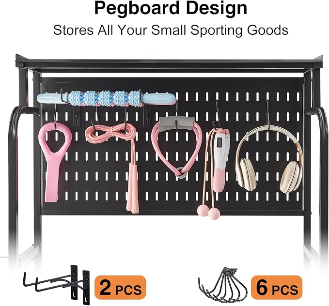 Lauren&Harold 56'' Taller Home Gym Storage Organizer with Hanging Board | Yoga Mat Storage Rack Exercise Workout Equipment Storage Stand with Hooks , Dumbbell Holder Kettlebell Rack with Wheels/Feets