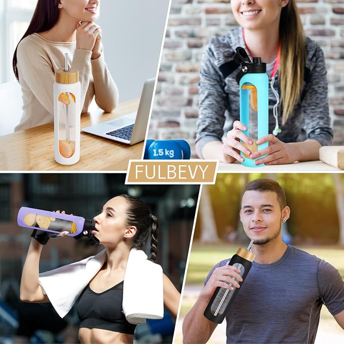 FULBEVY 25 oz Glass Water Bottles - Motivational Tumbler With Time Marker - Borosilicate Glass With Silicone Sleeve and 2 Lids, Handle Spout & Bamboo Straw Lid (White)