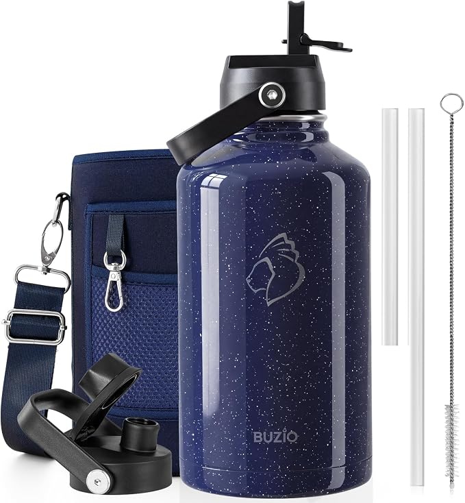BUZIO 64 oz Insulated Stainless Steel Water Bottle with Dust-proof Lids | Half Gallon Water Jug (Dishwasher Safe), Cold for 48 Hrs, Triple Wall with Copper Plating, for Gym, Hiking, Camping, Black
