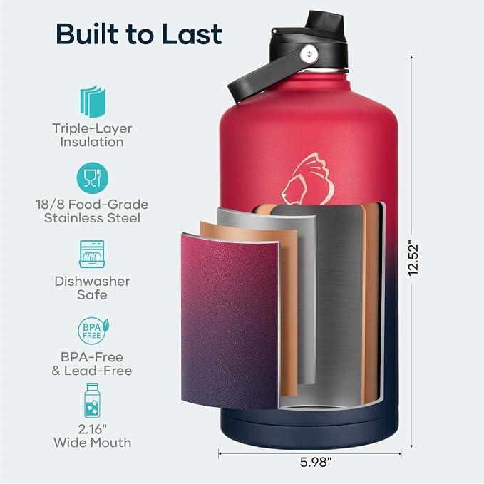 BUZIO 1 Gallon Water Bottle Insulated with Dust-Proof Straw & Spout Lids | 128 oz Large Water Jug 18/8 Stainless Steel Triple Wall (Keep Cold 48Hrs/Hot 24 Hrs), Dishwasher Safe, Sweat-Proof, Black