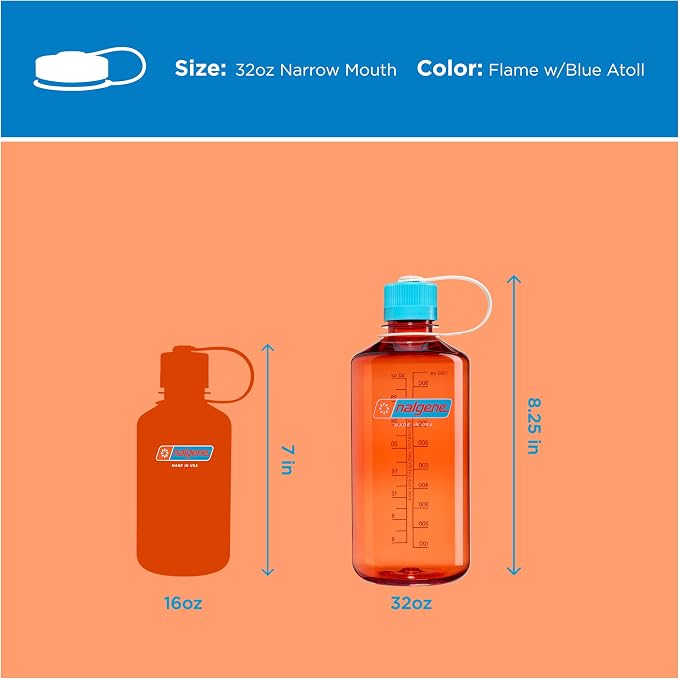 Nalgene 32 oz Narrow Mouth Water Bottle, Thrill & Motion, Flame w/Blue Atoll