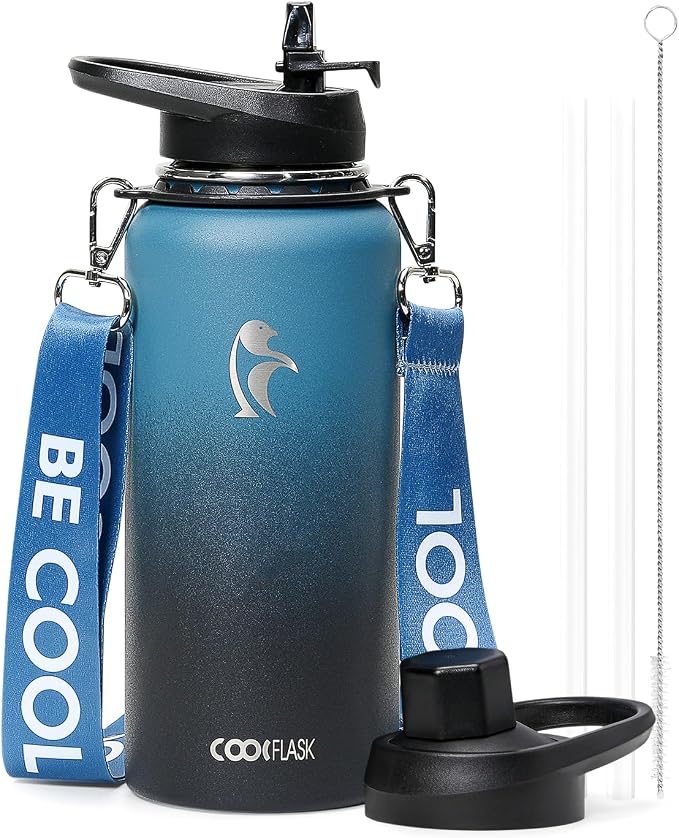 Coolflask 32 oz Water Bottle Insulated Stainless Steel with Strap | Metal Water Flask with Straw & Spout Lids, Triple-Wall, Cold 48+h, Dishwasher Safe, Leakproof, BPA-Free, for Gym & Hiking