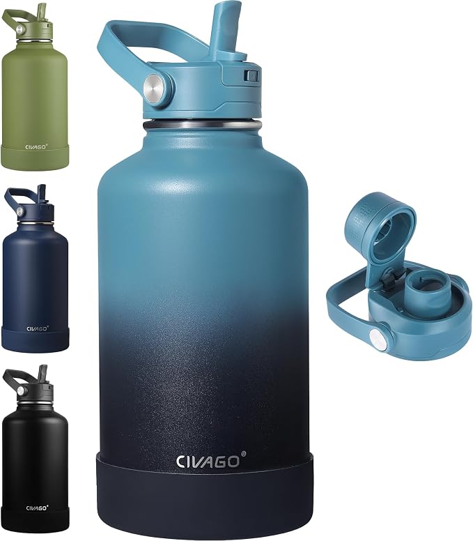 CIVAGO 64 oz Insulated Stainless Steel Water Bottle with Removable Straw | Half Gallon Large Leakproof Water Jug, Big Metal Sports Flask Cup with Handle, Silicone Boot,DishwasherSafe,IndigoBlack