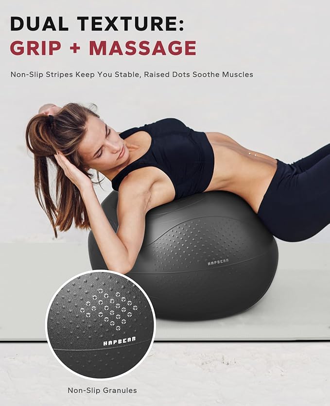 HAPBEAR Exercise Ball- Anti-Burst Slip-Resistant Yoga/Pilates Ball for Core Training & Posture Improvement, Home Gym/Rehab/Pregnancy Ball, Quick Pump & 3 Resistance Bands Included