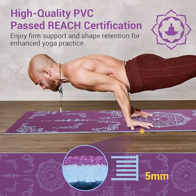 Avoalre Folding Yoga Mat, Eco-Friendly PVC Travel Yoga Mat Packable, Double Sided Non-Slip Printed Yoga Mats with Bag for Home Workout Gym Exercise Fitness Pilates Stretching (72" x 24" x 1/5" Thick)