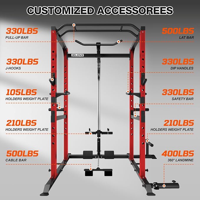 JELENS S21 Power Cage, Multi-Function Power Rack with Adjustable Cable Crossover System, 2000LBS Squat Rack for Home Gym with More Training Attachments