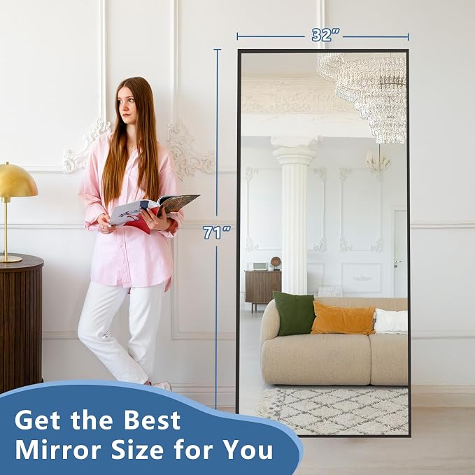 71"x32" Floor Mirror Full Length with Stand, Black, Rectangular | Free Standing or Leaning Against Wall, Wall‑Mountable, for Gym Bedroom Living Room, Aluminum Alloy Frame, Tempered Glass