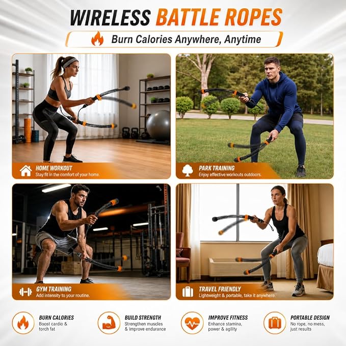 Ropeless Battle Ropes for Home Gym, Portable Cordless Battle Rope with Adjustable Resistance & Weighted Handles, HIIT Strength Training & Low-Impact Cardio Workout for Men & Women