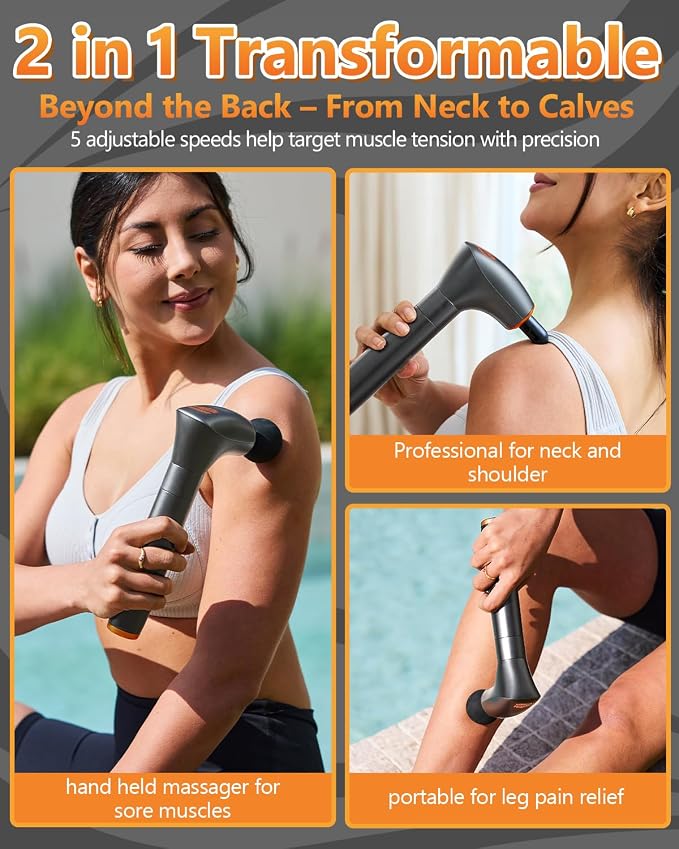 2-in-1 Detachable Massage Gun Deep Tissue with Extension Handle, Ergonomic | Back and Neck Massager For Pain Relief, Handheld Portable Massager For Shoulder Arm Leg, Gifts For Women Men,FSH-HSA-Eligible