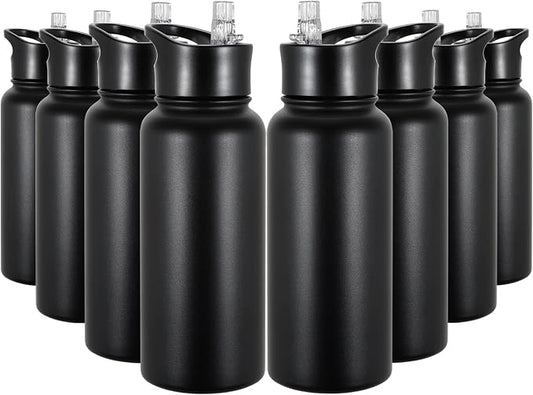 32 oz Insulated Water Bottle Bulk 8 Pack, Stainless Steel Sports Water Bottles with Straw Lid & Wide Mouth Lids, Double Walled Vacuum, Leak Proof, Black