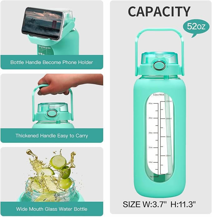 chunmo 42oz/52oz/64oz Glass Water Bolttles with Straw Half Gallon Large Motivational Water Bottle with Time Marker Sports Water Bottles with Silicone Sleeve and Handle Lid Water Jug for Gym Workout