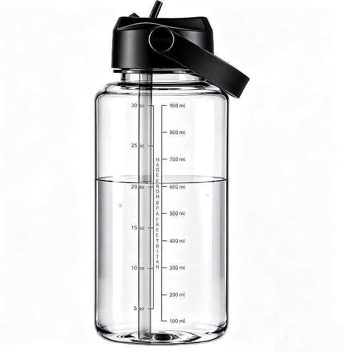 OLDLEY 32oz Water Bottle with Straw,Leakproof Tritan Clear Bottle with Marked Bottle and Carry Handle, BPA-Free Wide Mouth Reusable Sports Water Bottle for Gym,Hiking, Camping, Travel, Workout,Clear