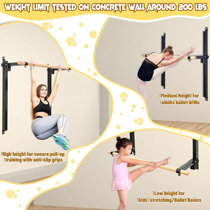 Seliyoo Ballet Barre Wall Mount,Height Adjustable Dance Bar | 4 FT /5FT Portable Solid Beech Wood Bar,Ballet Stretching and Barre Workout, Kids and Adults, Easy Install