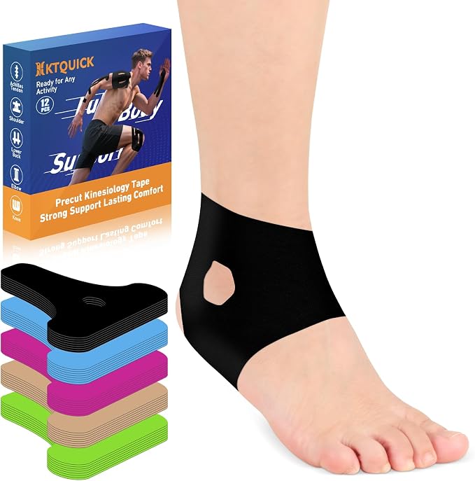 KTQUICK Precut Kinesiology Tape for Ankle,12 Ct,20% Stronger Adhesive,Black | Precut Ankle Support Tape with Premium Cotton, Breathable, Waterproof Athletic Tape for Running, Training & Hiking