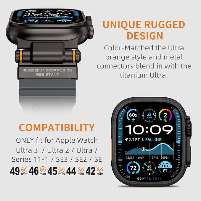 Band Compatible with Apple Watch Ultra 3/2/1 Band 49/46/45/44mm | Metal Connector with Silicone Rugged Strap for iWatch Ultra Series 11/10/9/8/7/6/SE3/SE2/SE/5/4/3/2/1, Gray/Black