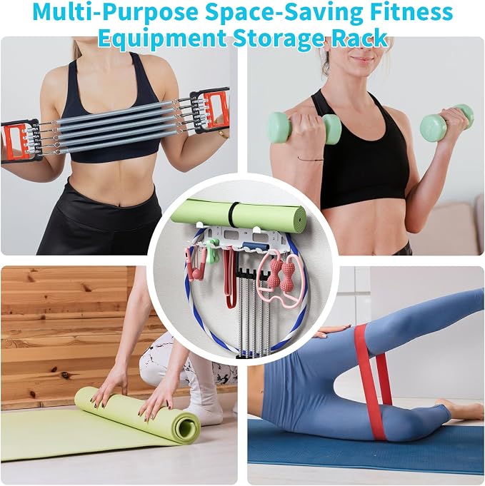 KHAMAL Multi-Purpose Gym Equipment Storage Rack for Resistance Bands - Gym Wall Storage for Exercise Bands, Yoga mat, Jump Ropes, Weight Belts, Straps, Hula Hoop (Black White)