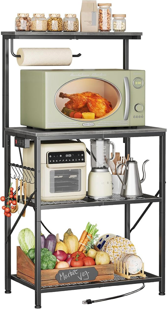 Huuger 4-Tier Bakers Rack with Reversible Power Outlet, 23.6 Inch Microwave Stand, Kitchen Coffee Bar, with Top Shelf, 6 S Hooks, Grey
