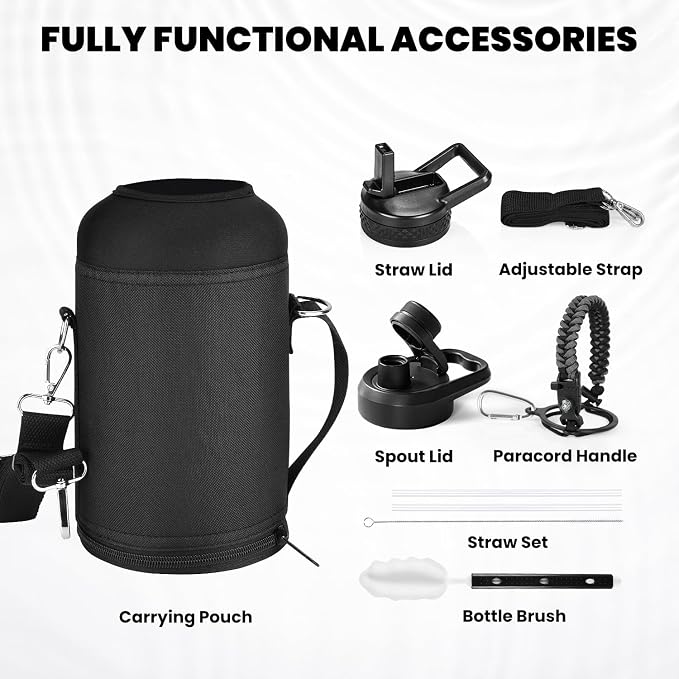 RAYMYLO Insulated Water Bottle 64 oz, Triple Wall Vacuum Stainless Steel | (Cold for 48 Hrs), Leak Proof & Non-BPA, Half Gallon Water Flask Jug with Paracord Handle & Straw Spout Lids, Dark Gray