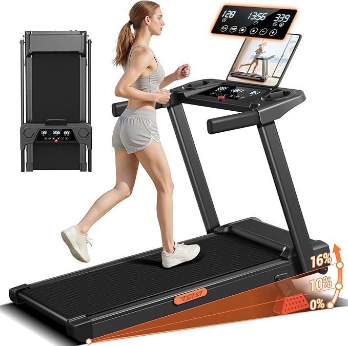 16% Incline Treadmill with Handle,Foldable Treadmills for Home | 3-in-1 Portable Treadmill, Triple-Screen Console,3.0HP Brushless,300 LBS Capacity,Home Office Gym,LED Display