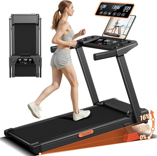 16% Incline Treadmill with Handle,Foldable Treadmills for Home | 3-in-1 Portable Treadmill, Triple-Screen Console,3.0HP Brushless,300 LBS Capacity,Home Office Gym,LED Display