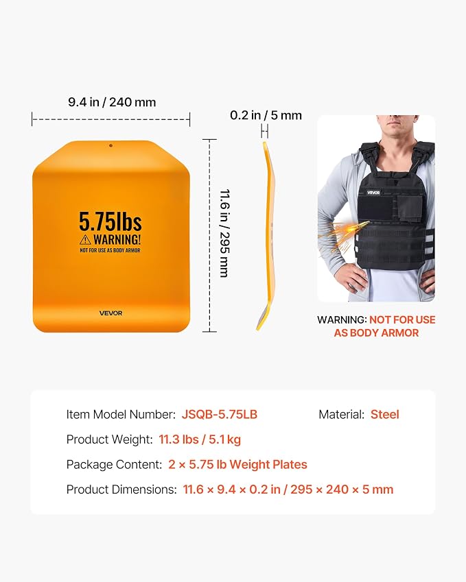 VEVOR Weight Vest Plates, 5.75/8.75/14.5/19.75 LB Pairs, Premium Steel Weighted plates, Additional Weight for Weight Vests, for Strength Training, Running, Fitness, Heavy Workouts