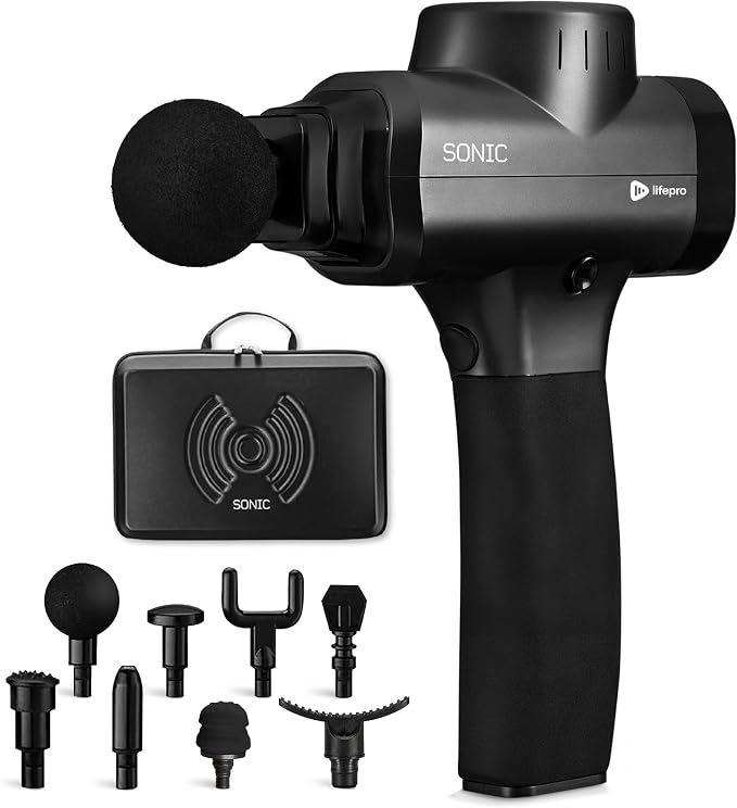 LifePro Sonic Massage Gun Percussion Muscle Massager, 8 Heads & 5 Speeds | Up to 6-Hr Runtime, Deep Tissue Massage Gun for Neck, Back, Calves, Quads, Feet, Trigger Points & Recovery Support