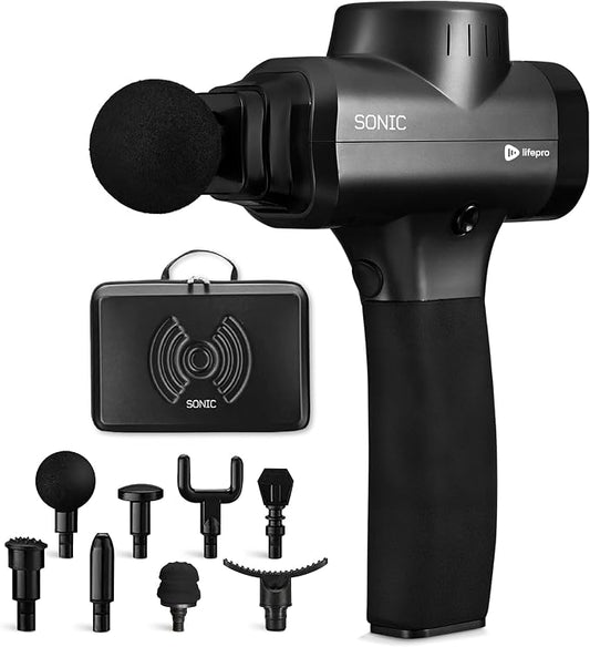 LifePro Sonic Massage Gun Percussion Muscle Massager, 8 Heads & 5 Speeds | Up to 6-Hr Runtime, Deep Tissue Massage Gun for Neck, Back, Calves, Quads, Feet, Trigger Points & Recovery Support