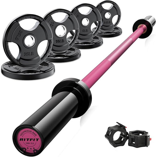 RitFit Barbell Weight Set - 4/6FT Olympic Barbell with Weight Plates (55-115LB Total) - Weightlifting Equipment for Squats, Curls, Deadlifts, Presses, Hip Thrusts