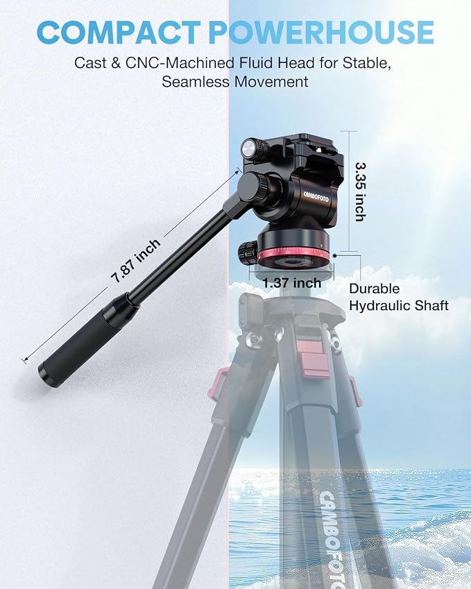 CAMBOFOTO Tripod Fluid Head Pan Tilt Head, Compact Video Head Mount | Aluminum Tripod Head with 1/4" Arca Swiss QR Plate & Adjustable Handle, Load 15lb/6.8kg for Lightweight Video Cameras DSLR