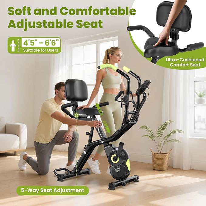 Foldable Exercise Bike, 8-Level Magnetic Stationary Bike for Home Gym | Quiet Indoor Workout Bike with Arm Resistance Bands, LCD Monitor, and 300 LBS Capacity for Full-Body Cardio Training