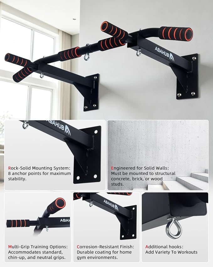 Abahub Wall Mounted Pull Up Bar,Multi-Grip Chin-Up Bar for Home Gym | Drill-installed, Heavy-Duty & Stable Training Bar with circular ring, Black-Red