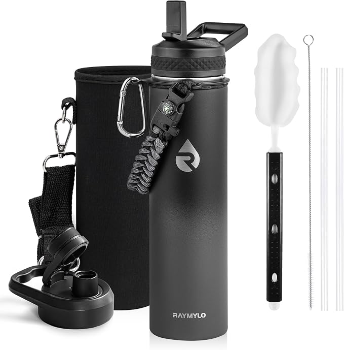 RAYMYLO Insulated Water Bottle 24 oz, Triple Wall Vacuum Stainless Steel | (Cold for 24Hrs, Hot for 12Hrs), Leak Proof & Non-BPA, Modern Water Flask Jug with Paracord Handle & Straw Spout Lids