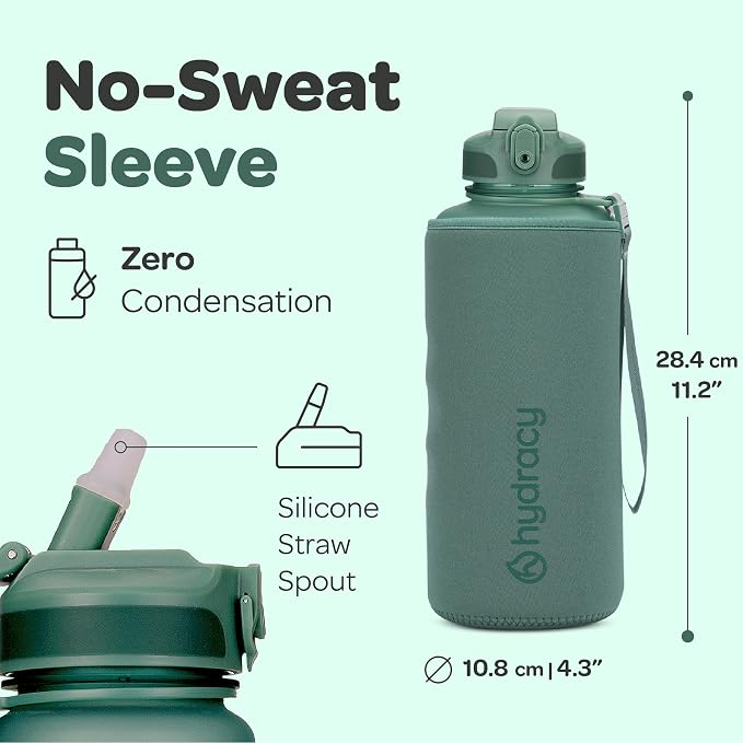 Hydracy 2L Large Water Bottle, Shatterproof, BPA Free Tritan Plastic, Leakproof, Zero Condensation, With Detachable Carry Strap, Spillproof Lid, Convenient Silicon Spout, Ideal for Gym, Yoga | Leakproof,BPA Free,No Sweat Neoprene Sleeve,Carry Strap,Dai...