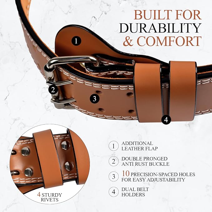 Leather Gym Fitness Belt, 4" & 6" Padded Lumbar Back Support, 10 Adjustable Holes for Weightlifting Powerlifting Bodybuilding Deadlift Squat Workout Strength Training