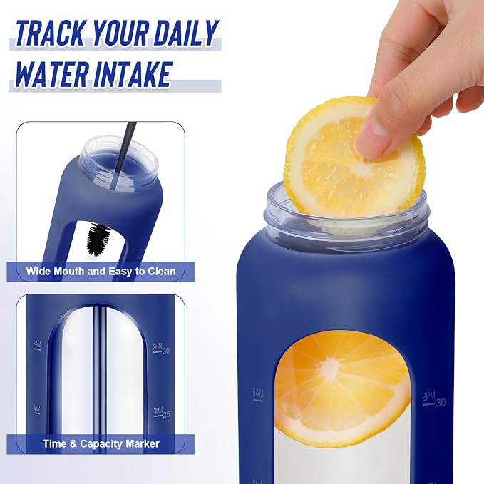 FULBEVY 32 oz Glass Water Bottles - 1 Liter Motivational Tumbler Water Bottle Time Marker - Borosilicate Glass Water Bottle With Silicone Sleeve and 2 Lids, Handle Spout & Bamboo Straw Lid (Blue)