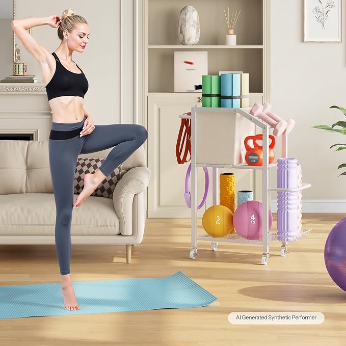 HOOBRO Dumbbell Rack, Weight Rack for Dumbbells, Yoga Mat Storage Rack, Home Gym Storage Rack for Dumbbells Kettlebells Foam Roller, Workout Storage Organizer with Wheels & Hooks