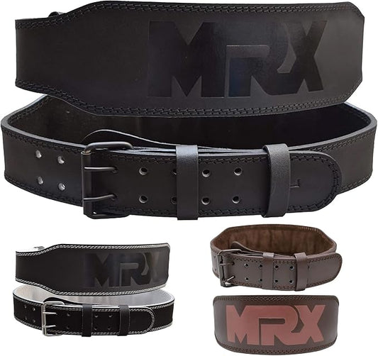 MRX Weight Lifting Belt Genuine Leather - 4 Inches Wide 8mm Thick Padded Lumbar Back Support Double Prong Powerlifting Belts Heavy Duty Deadlifts Workout Squats & Exercise Belt for Men & Women