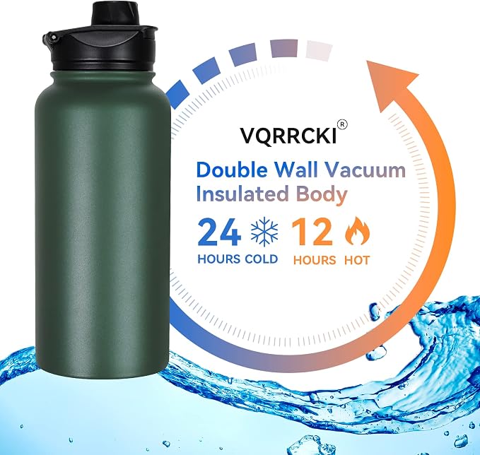 32 oz Insulated Water Bottle with Straw Lid & Wide Mouth Lids, Stainless Steel Sports Water Bottles, Double Walled Vacuum, Leak Proof, Dark Green