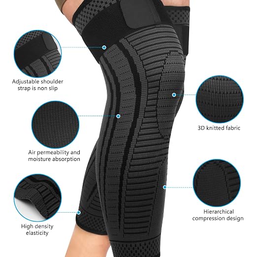 Full Leg Compression Sleeves 2 Pack anti Sliping Ventilation Long Knee Support with Wraps for Men and Women Long Knee Compression Sleeve for ACJ, PCL, Meniscus Tear, Arthritis (M, Black)