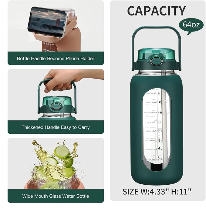 chunmo 64oz Glass Water Bolttles with Straw Half Gallon Large Motivational Water Bottle with Time Marker Sports Water Bottles with Silicone Sleeve and Handle Lid Water Jug for Gym Workout