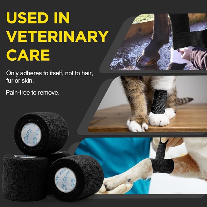 OK TAPE 24 Rolls Self Adhesive Bandage Wrap, Cohesive Elastic Athletic Tape | Vet Wrap, Sports Tape, Medical Wrap for Wrist, Feet, Self Stick Bandage Tape, 2" x 5 Yards - Black