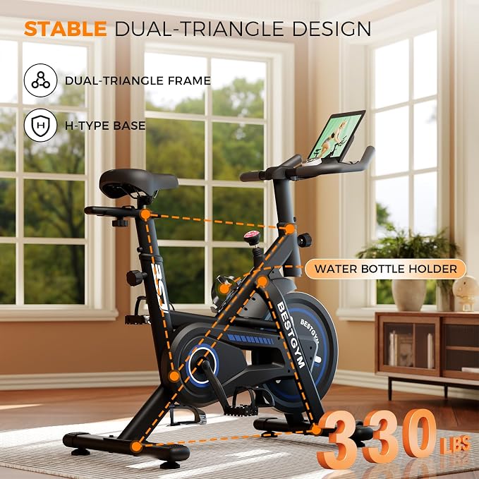Exercise Bike, Brake Pad/Magnetic Stationary Bike with App, Low Noise Indoor Cycling Bike with 330lbs Weight Capacity, Adjustable Seat, Tablet Holder, Water Bottle Holder for Home Fitness and Weight Loss